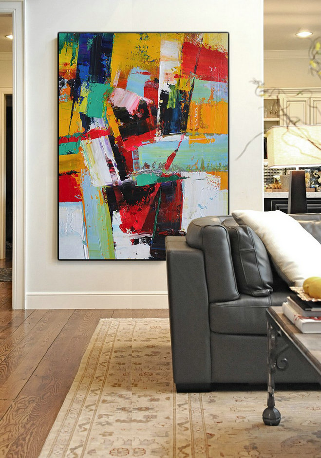Hand Painted Acrylic Painting,Vertical Palette Knife Contemporary Art,Extra Large Artwork,Yellow,Red,White,Blue.etc